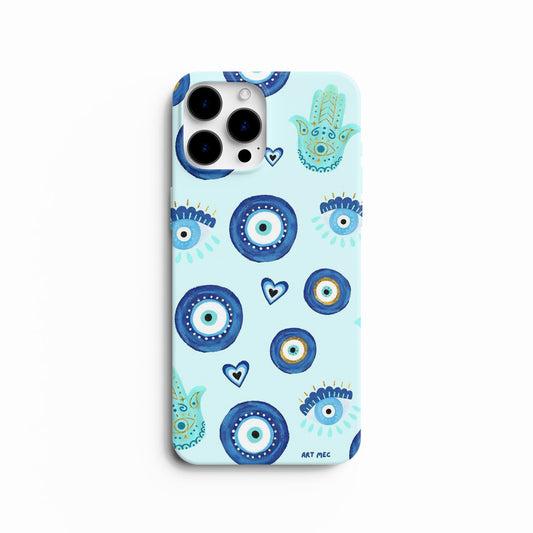 Coque de téléphone motif œil porte-bonheur bleu et main de Fatma dorée