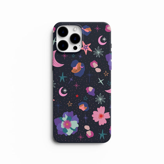 Coque de téléphone motif ciel nocturne fleuri et cosmique
