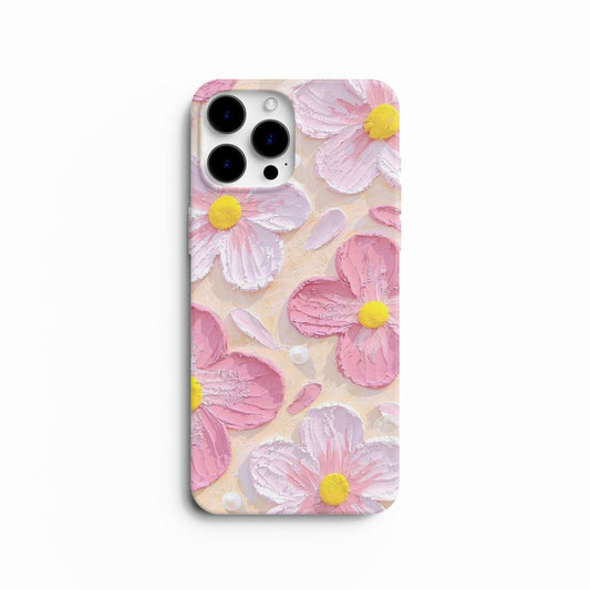 Coque de Téléphone Design Floral Texturé Rose et Blanc avec Perles Délicates