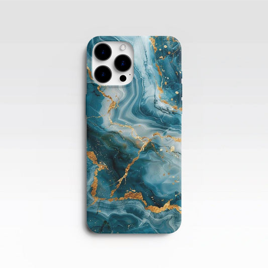 Coque Téléphone Effet Marbre Bleu Océan et Or Minéral